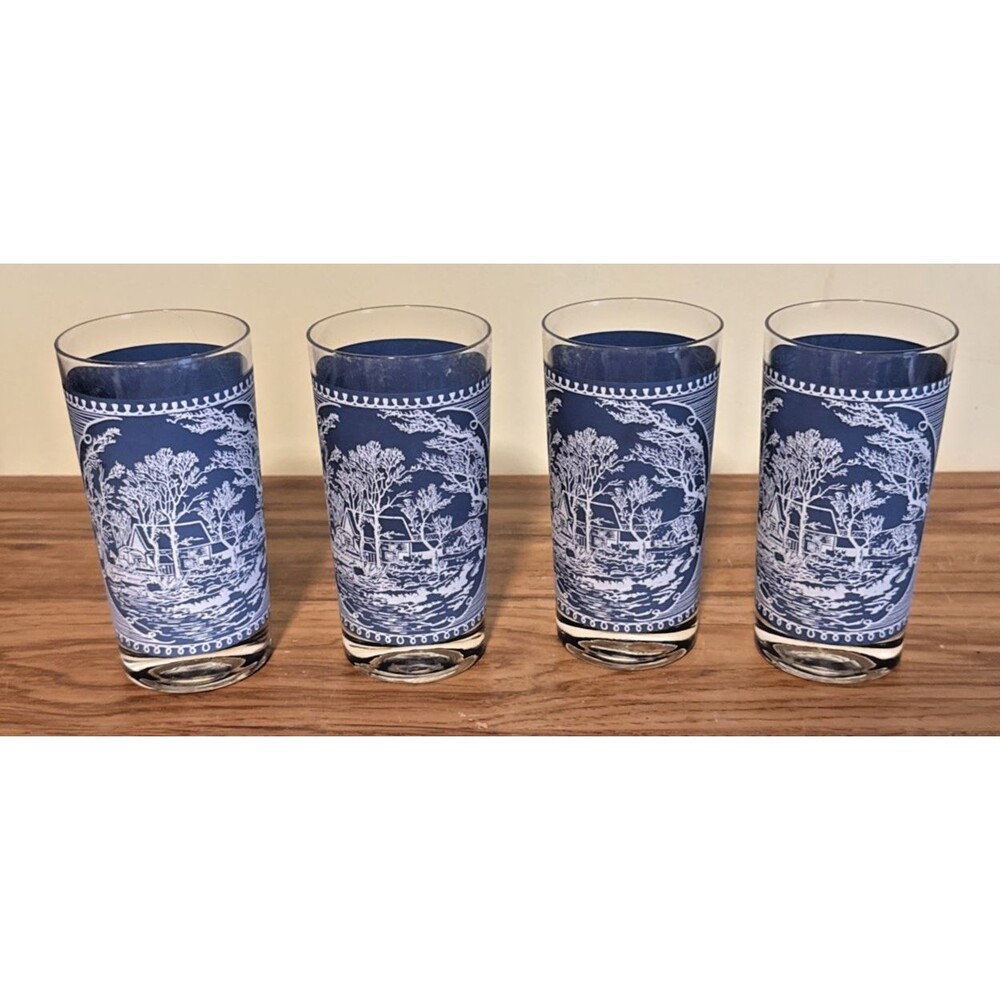 Currier and Ives "Old Grist Mill" Blue and White Matte Drinking Glasses VTG (4)